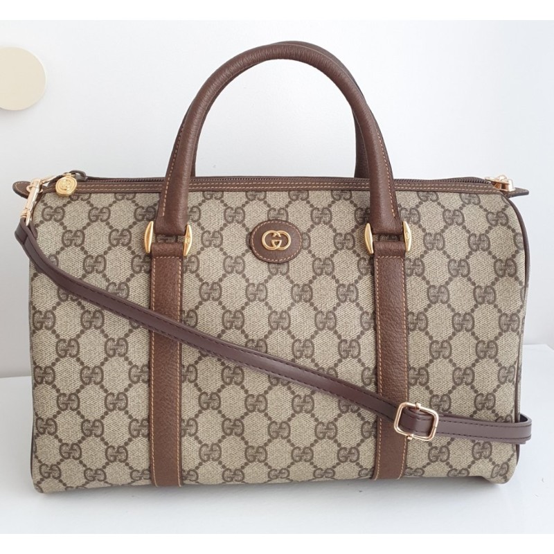 Gucci Boston Handtasche Vintage Braun Leder Canvas