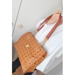 MCM Shopper Kette+Leder Schultertasche Heritage Cognac Canvas