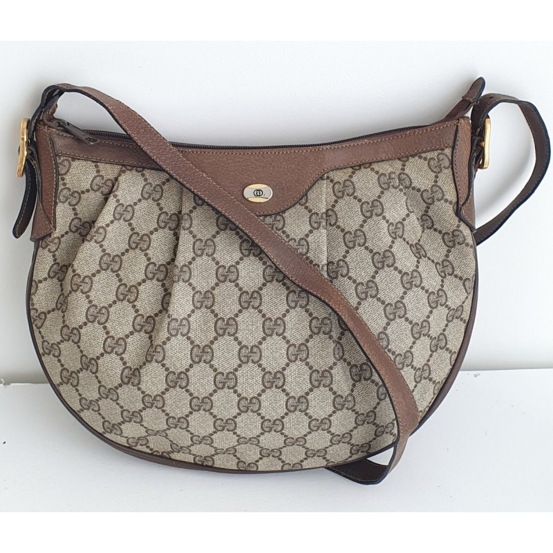 Gucci Vintage Oval Umhängetasche aus Leder Braun/Grau